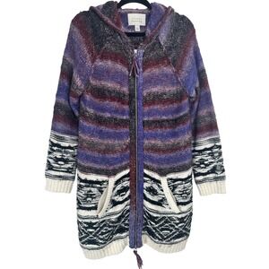 Hinge Longline Hooded Cardigan Sweater Purple Fair Isle Wool Blend L Indy Earthy